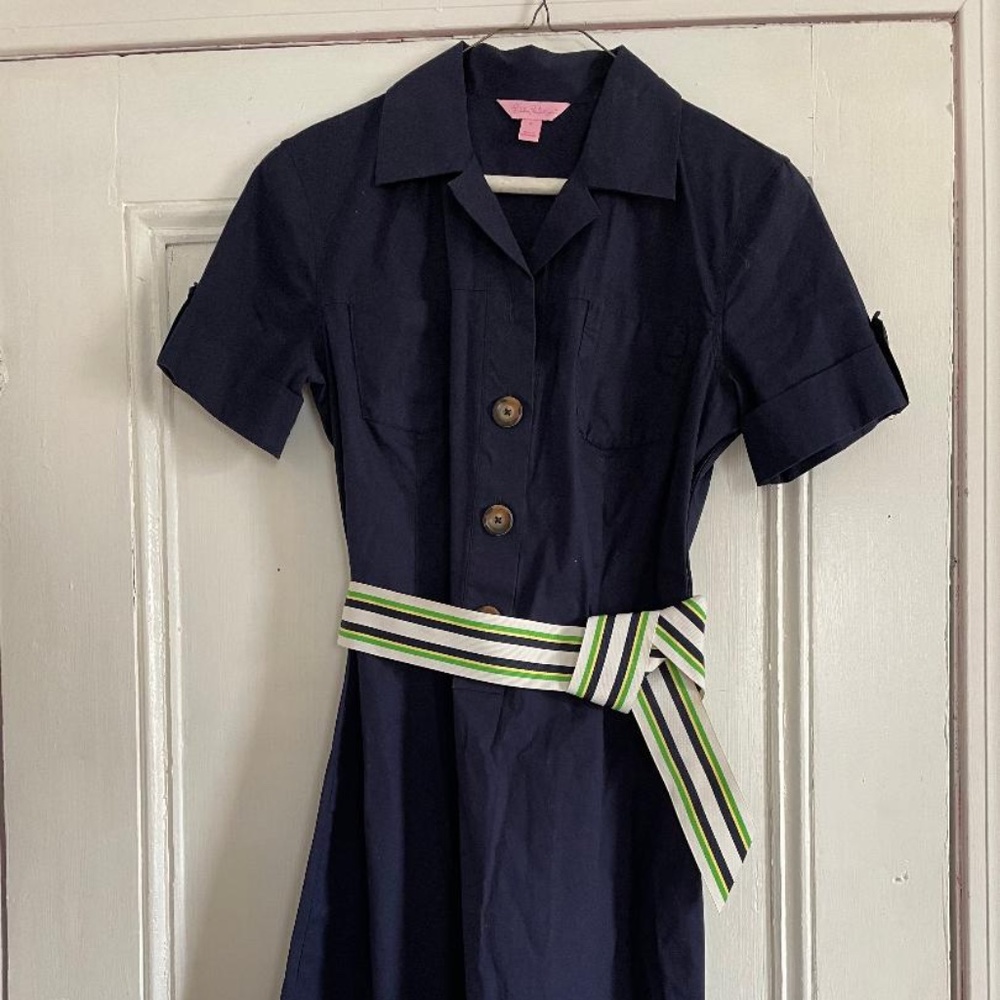 Lilly Pulitzer Size 6 Navy Cotton Dress Cotton, Bright Green, White, Navy belt